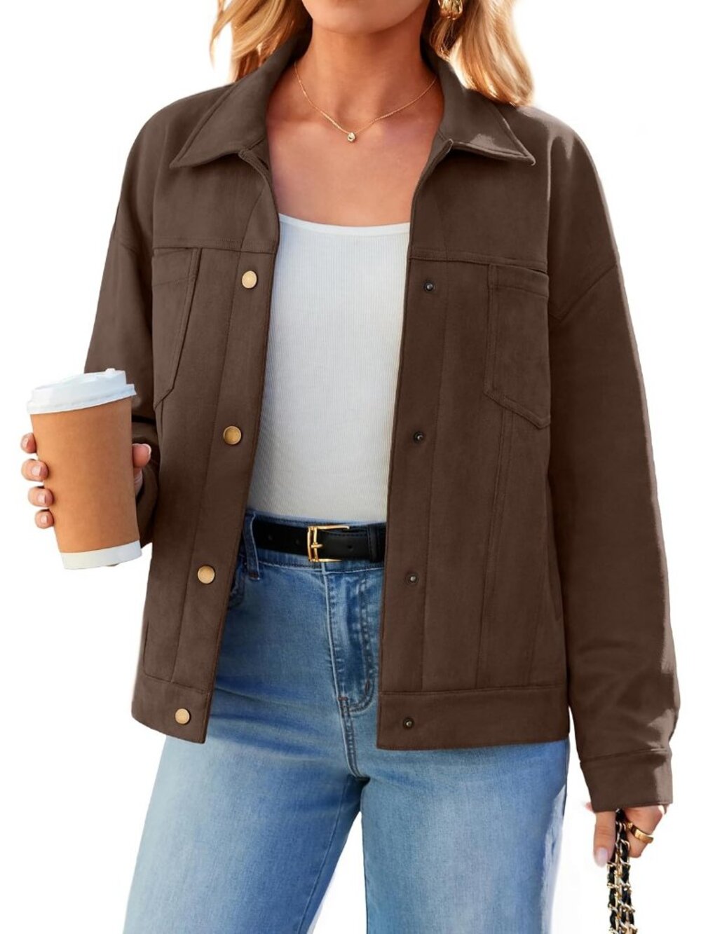 Women's Brown Faux Suede Slightly Oversized Button-down Drop Shoulder Shacket
